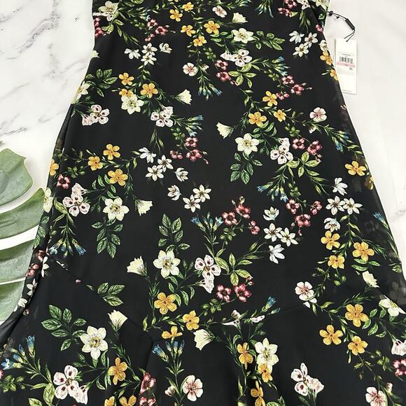 Calvin Klein Floral Midi Dress Size 10 New Black Green Flutter Hem Shift - Picture 3 of 10
